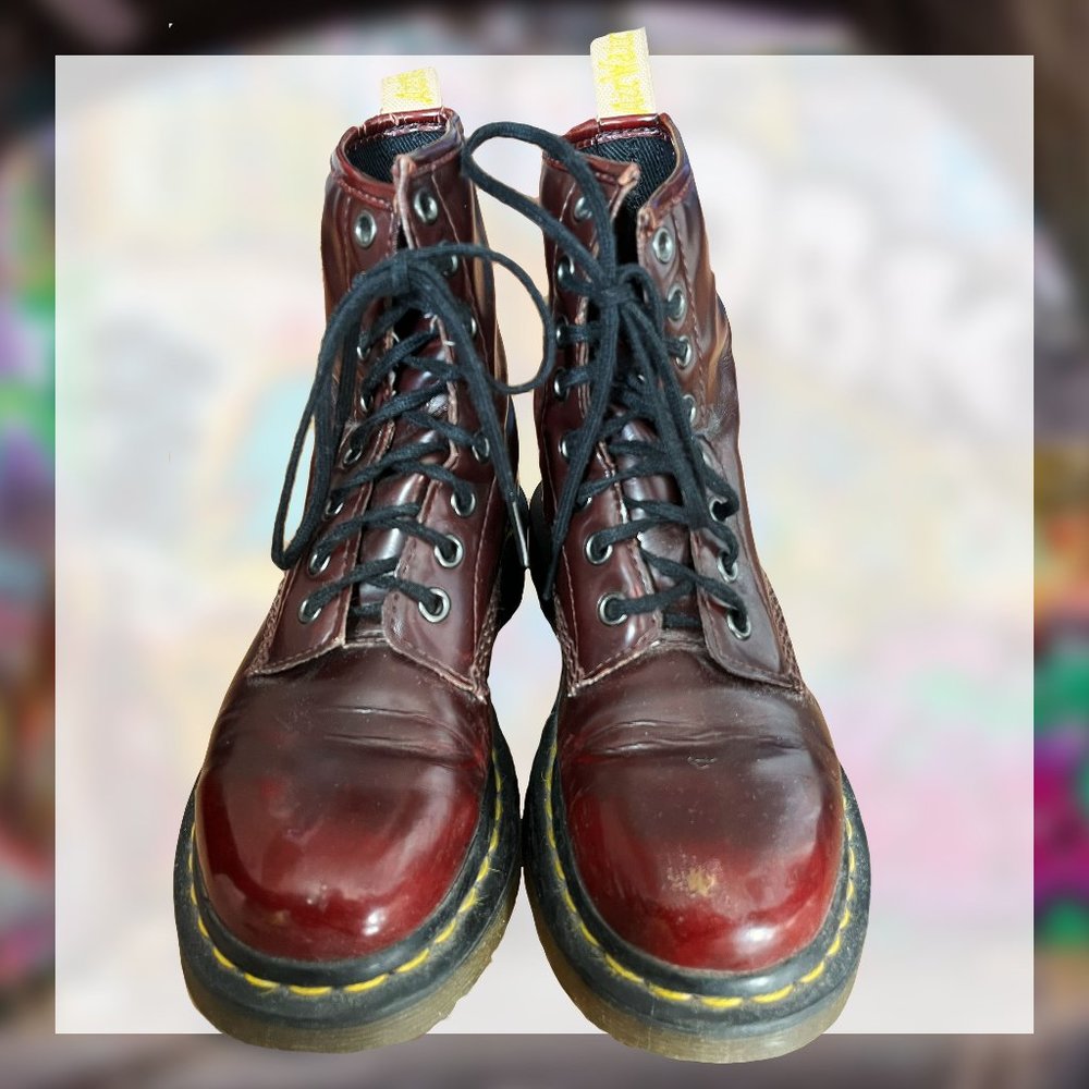Dr. Martens Vegan 1460 8-Eye Cherry Red Oxford Rub Off Boots - Women's US5
